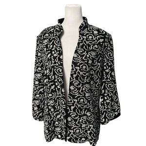 Alex Evenings Black Silver Sparkle Mandarin Collar Open Blazer 3/4 Sleeve Large